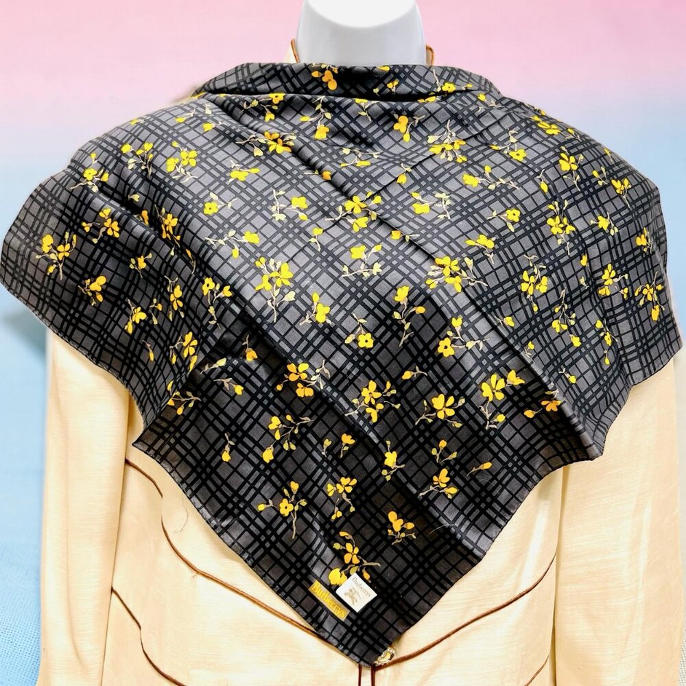 NewTagBurberrys Miniscarf/handker19.5" Cotton Silk Black Gray Yellow floral(15 - Picture 1 of 11